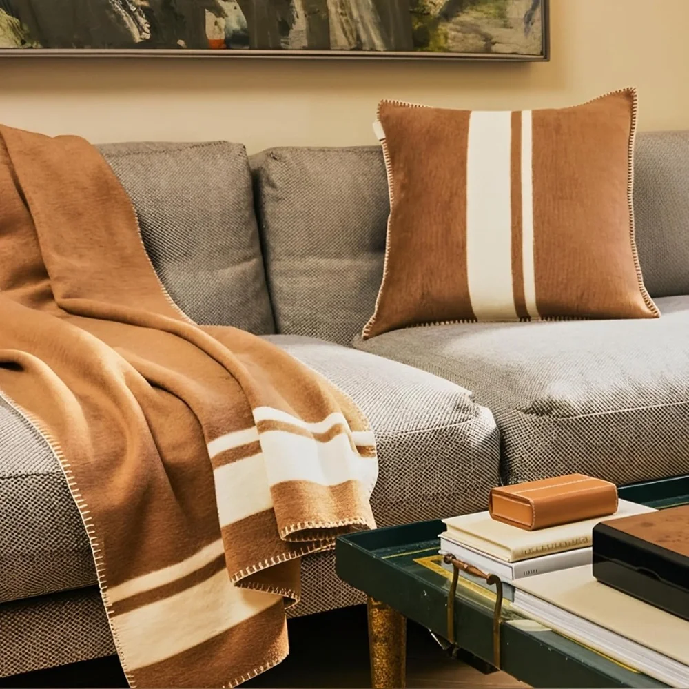 Preston Lane Highrise 21x21‎ Throw Pillow Camel Creamy White Stripe Neutral New
